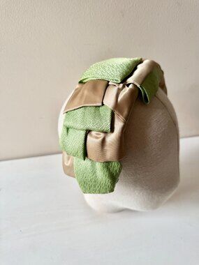 Vintage Green Straw Champagne Satin Ribbon Headband